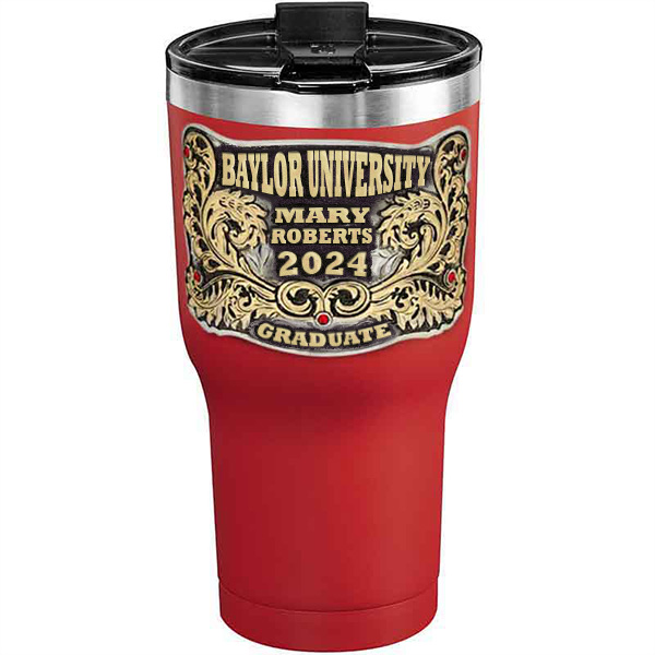 A customized tumbler made of stainless steel with a personalized engraved name and Baylor University lettering, 30 oz, ideal for coffee or cool drinks